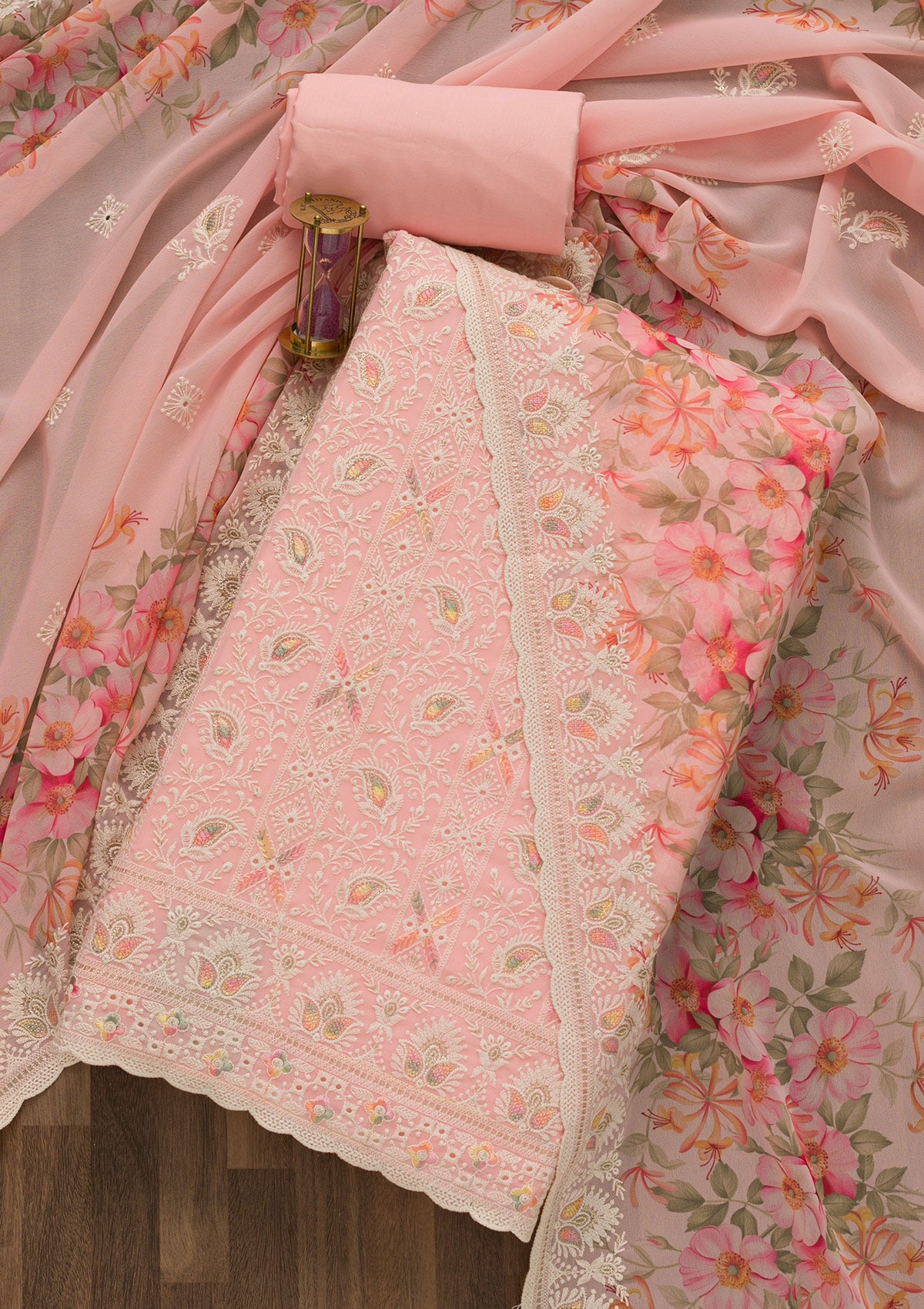 Pink Threadwork Georgette Unstitched Salwar Suit-Koskii