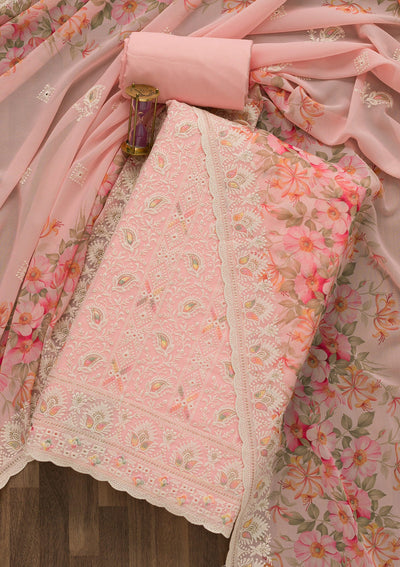Pink Threadwork Georgette Unstitched Salwar Suit-Koskii