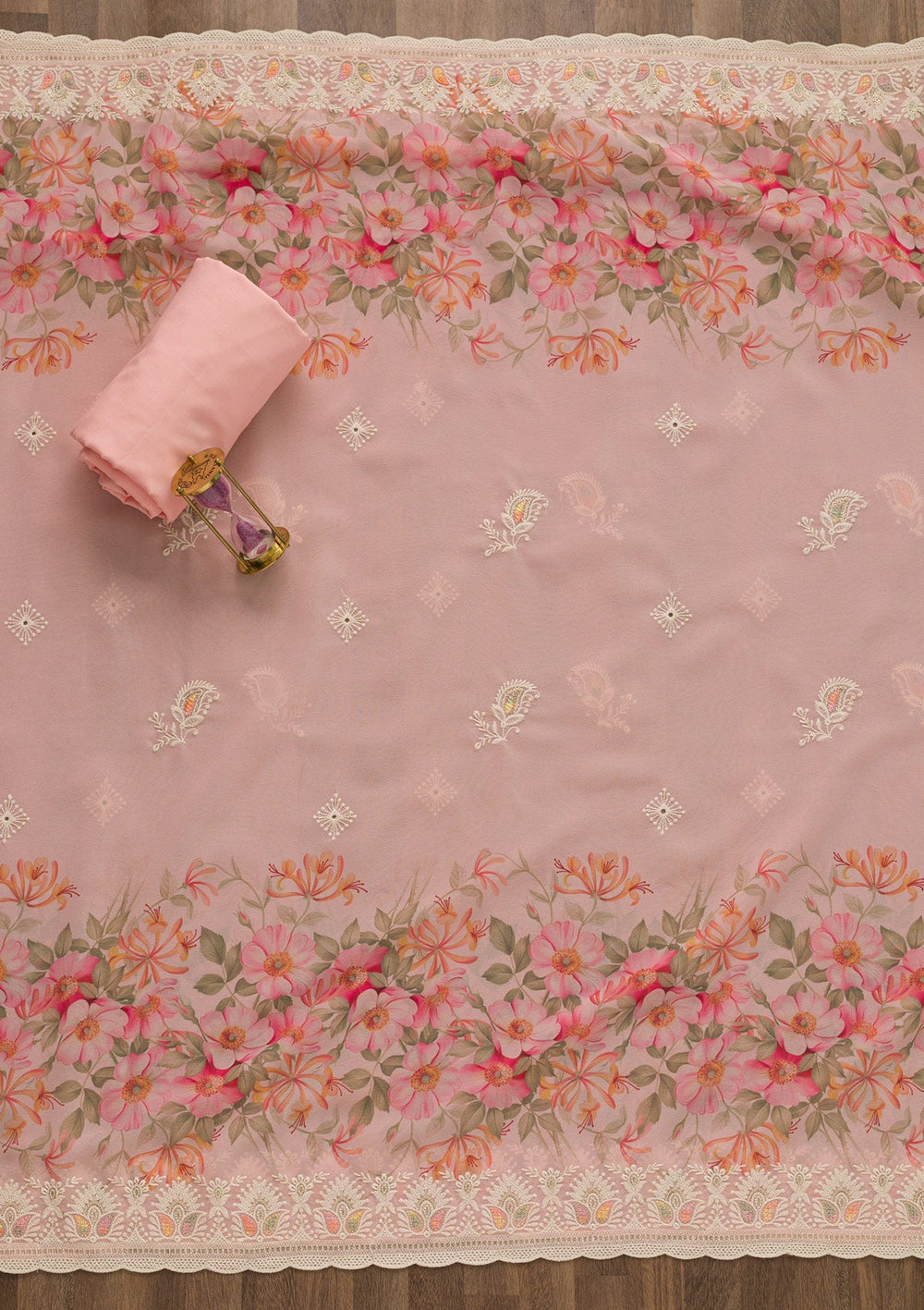 Pink Threadwork Georgette Unstitched Salwar Suit-Koskii