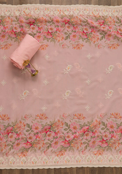Pink Threadwork Georgette Unstitched Salwar Suit-Koskii