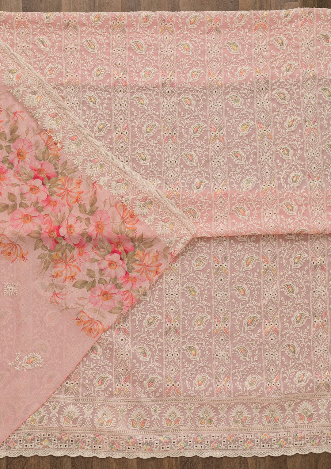 Pink Threadwork Georgette Unstitched Salwar Suit-Koskii