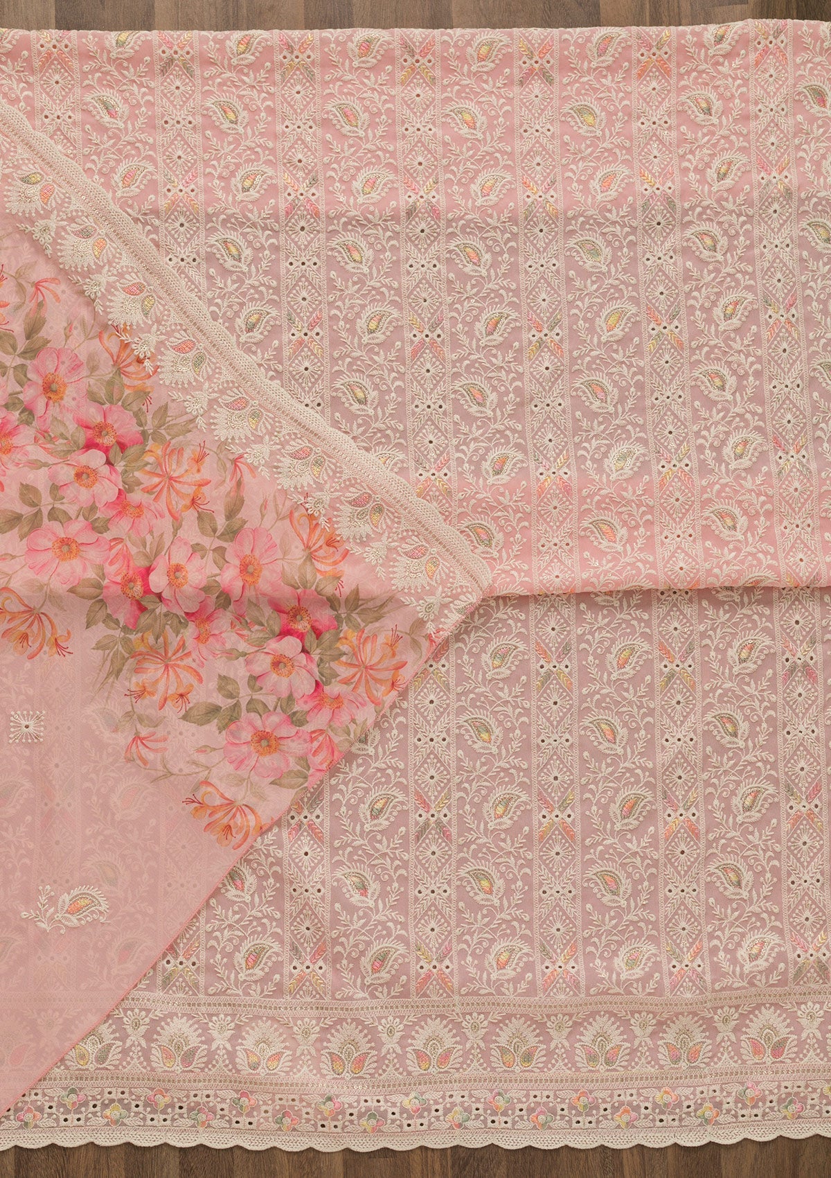 Pink Threadwork Georgette Unstitched Salwar Suit-Koskii
