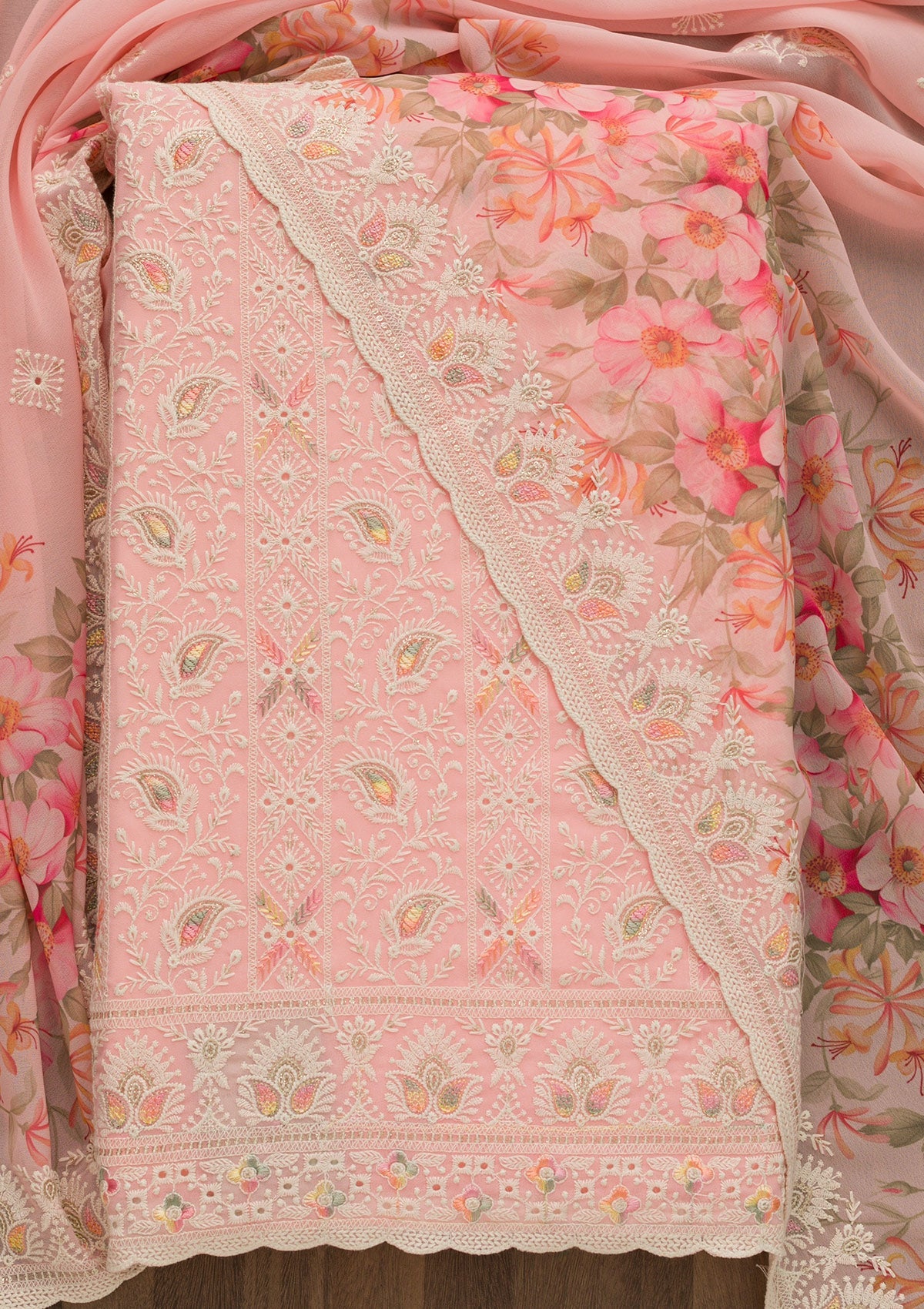 Pink Threadwork Georgette Unstitched Salwar Suit-Koskii