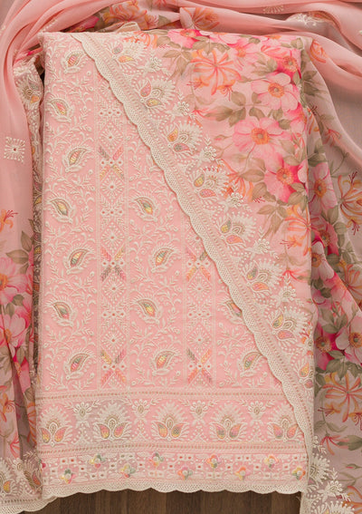 Pink Threadwork Georgette Unstitched Salwar Suit-Koskii