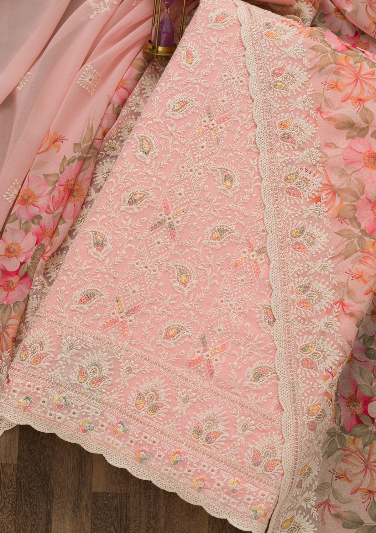 Pink Threadwork Georgette Unstitched Salwar Suit-Koskii