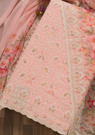 Pink Threadwork Georgette Unstitched Salwar Suit-Koskii