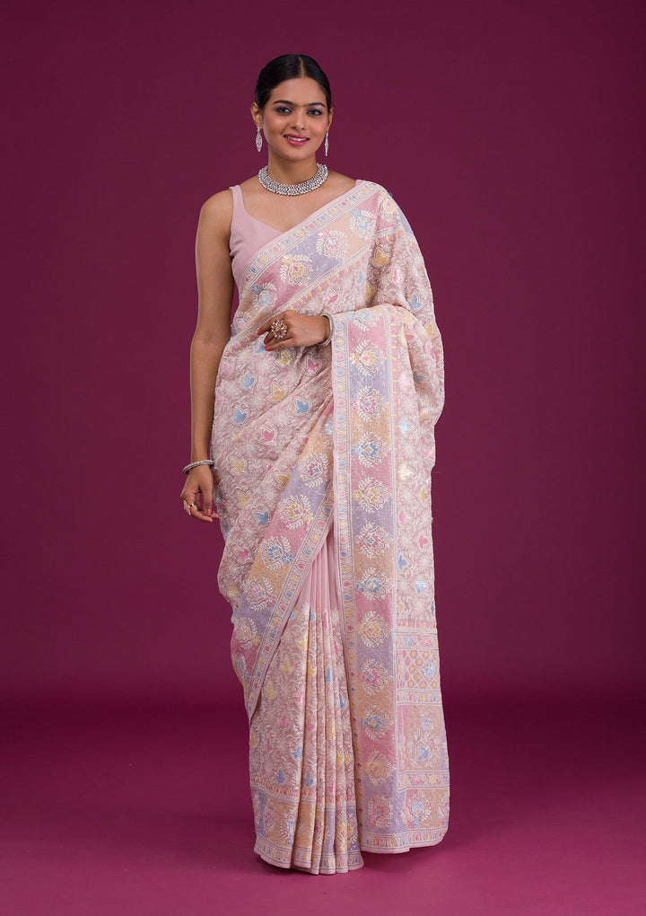 Pink Threadwork Georgette Saree-Koskii