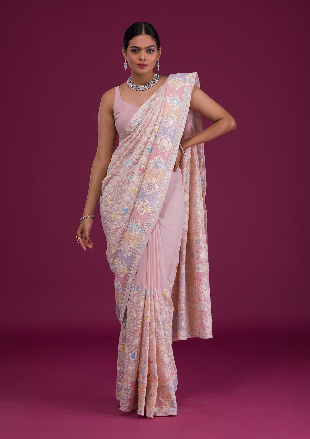 Pink Threadwork Georgette Unstitched Saree-Koskii