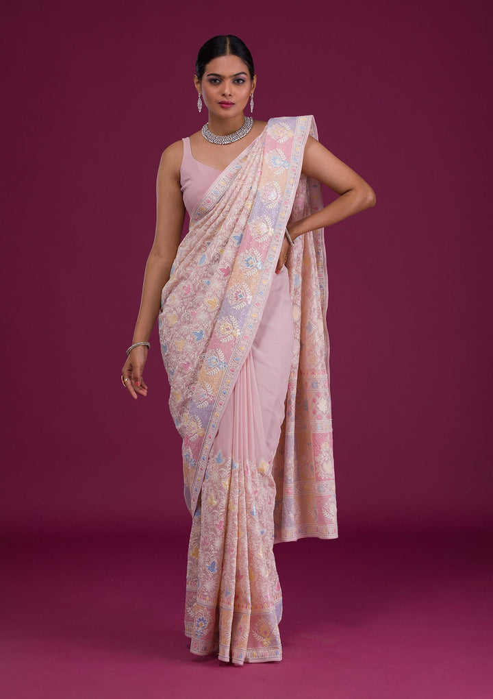 Pink Threadwork Georgette Unstitched Saree-Koskii