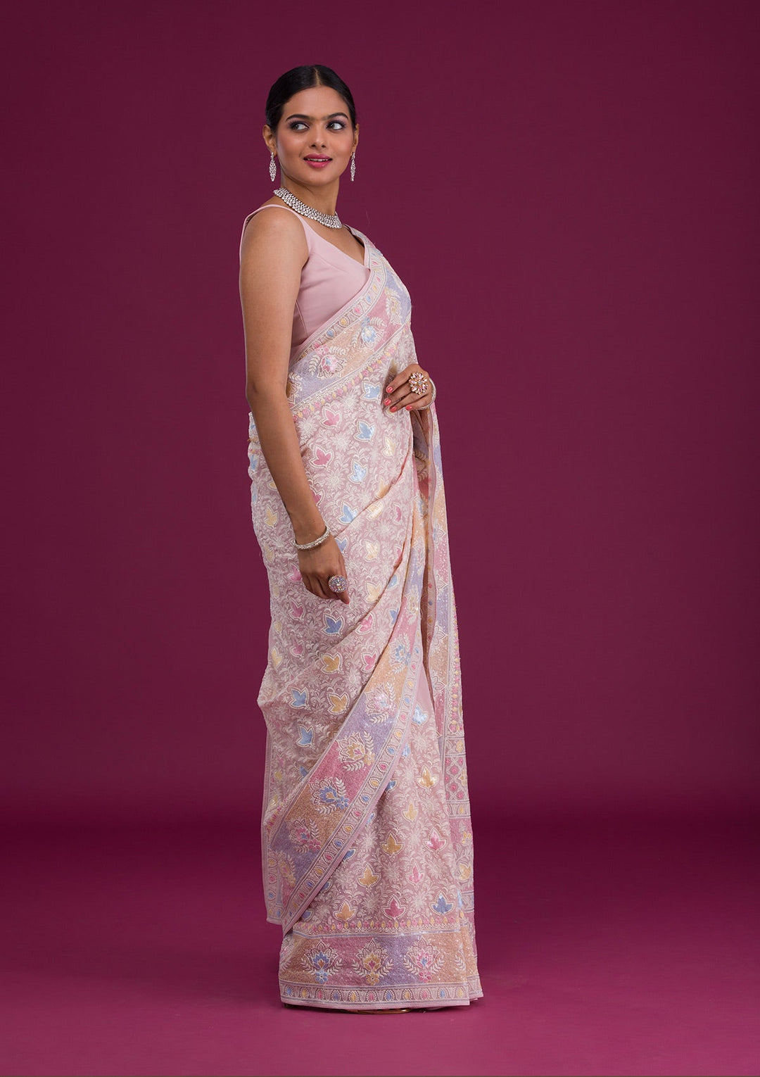 Pink Threadwork Georgette Unstitched Saree-Koskii