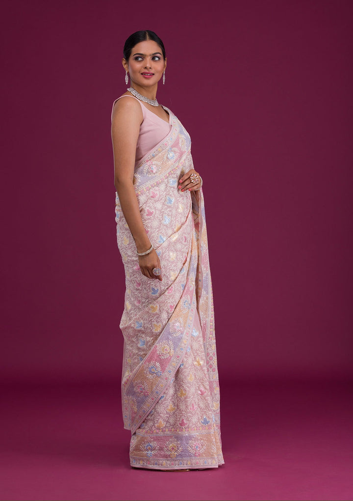 Pink Threadwork Georgette Unstitched Saree-Koskii