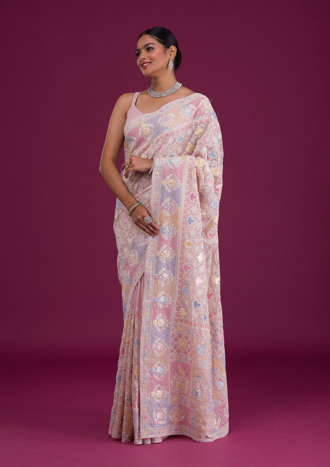 Pink Threadwork Georgette Unstitched Saree-Koskii