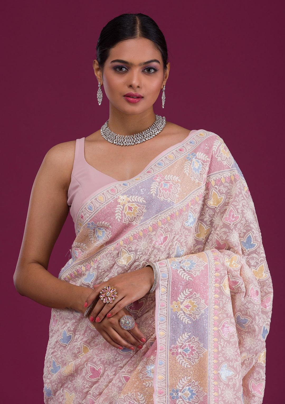 Pink Threadwork Georgette Unstitched Saree-Koskii