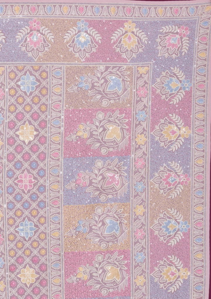 Pink Threadwork Georgette Unstitched Saree-Koskii