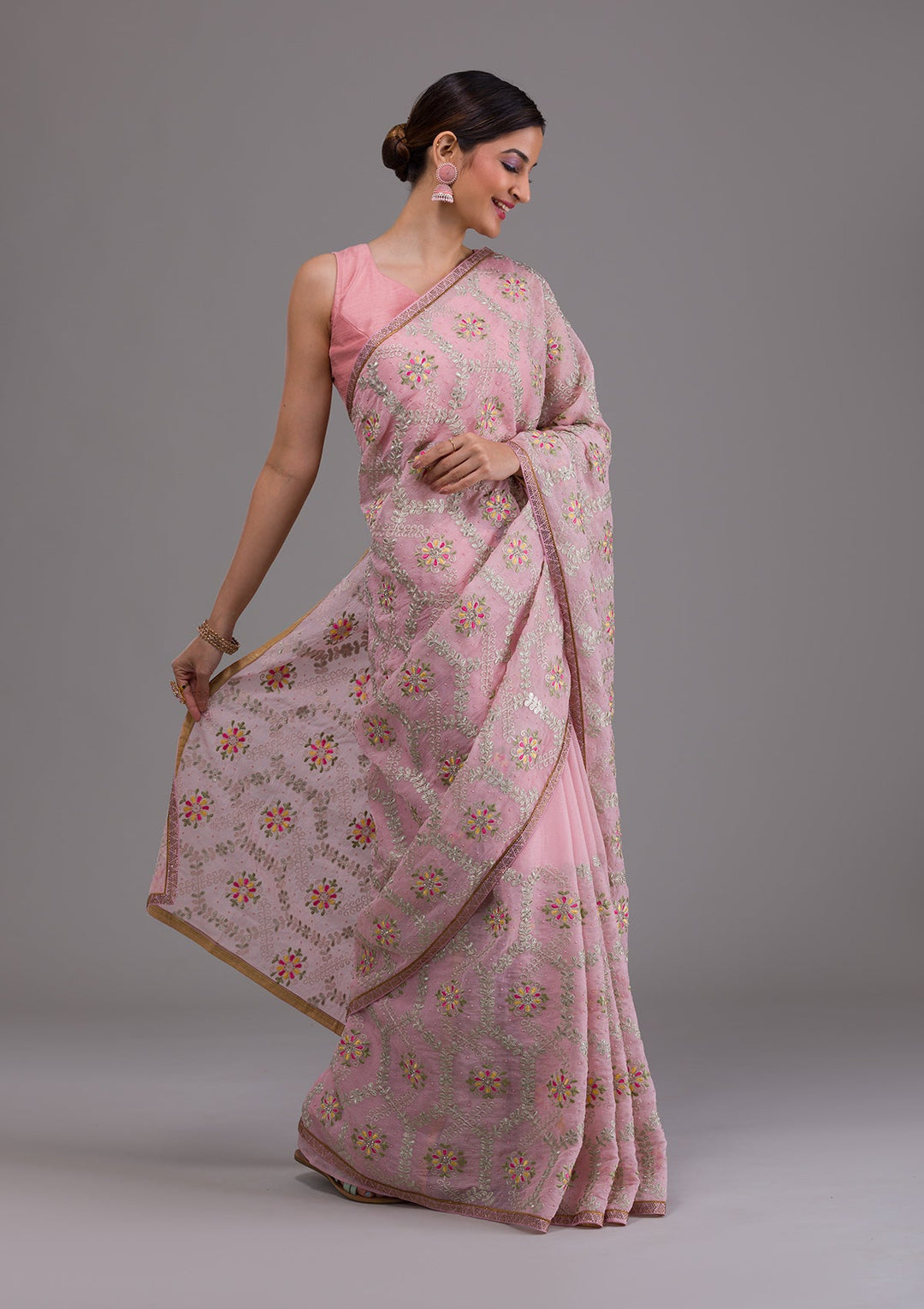 Pink Threadwork Georgette Saree-Koskii