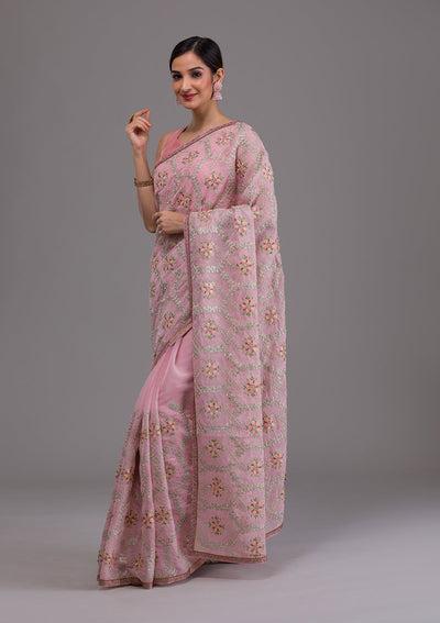 Pink Threadwork Georgette Saree-Koskii