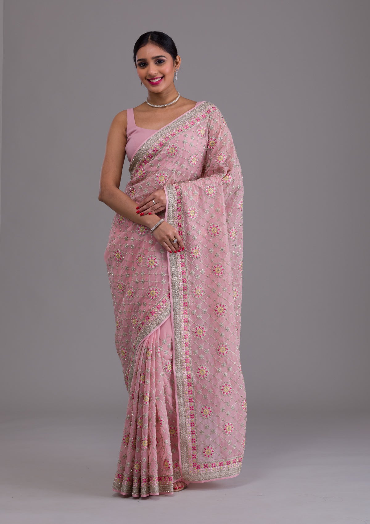 Pink Threadwork Georgette Saree-Koskii