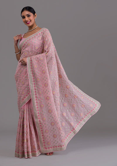 Pink Threadwork Georgette Saree-Koskii