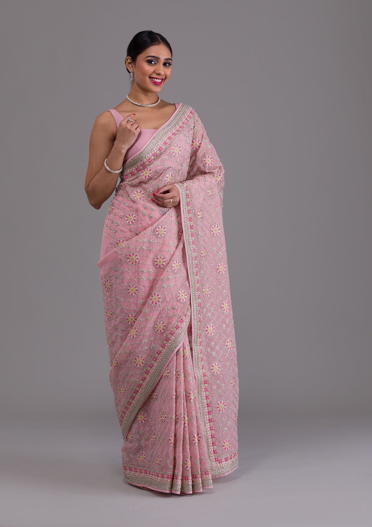 Pink Threadwork Georgette Saree-Koskii