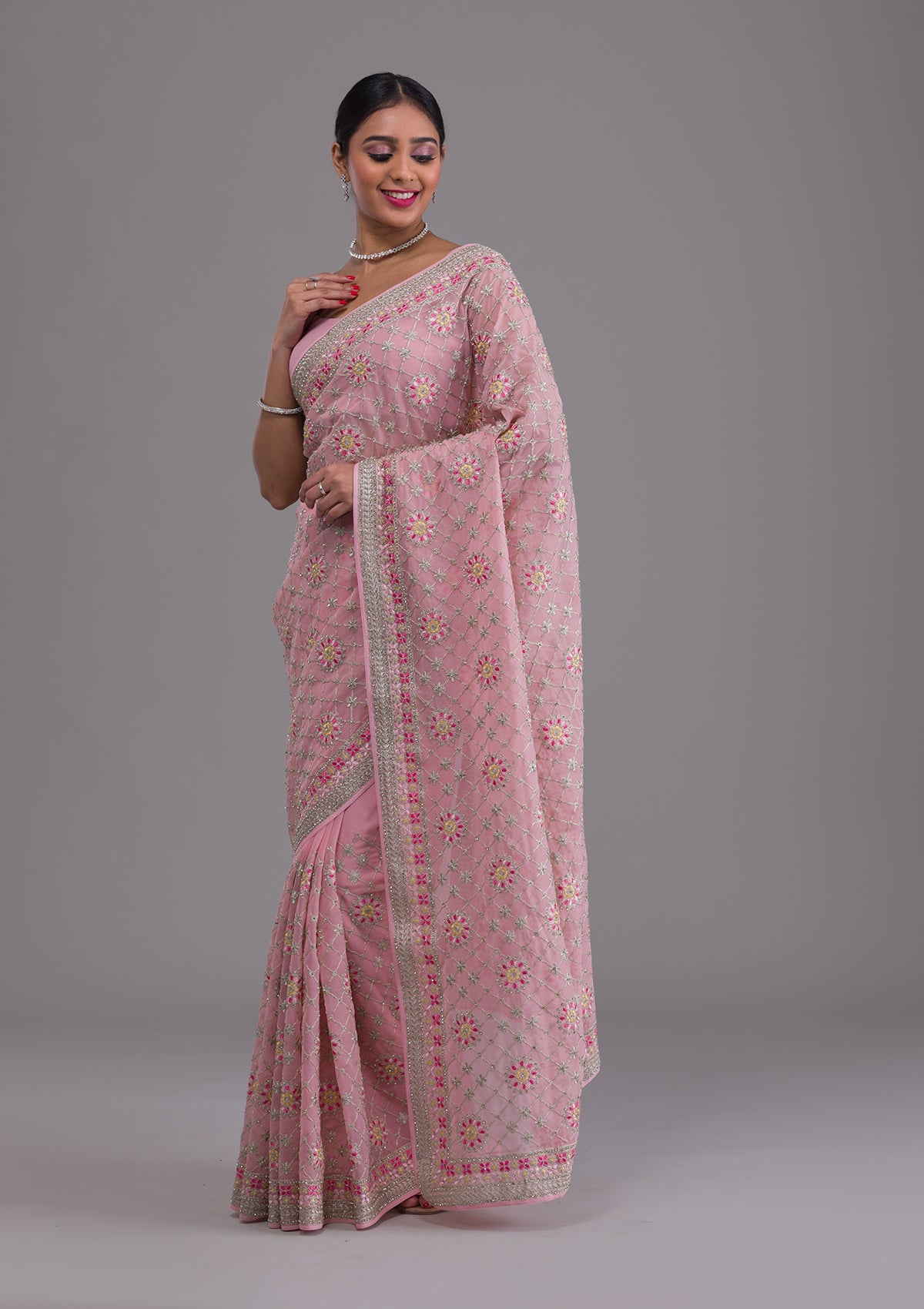 Pink Threadwork Georgette Saree-Koskii