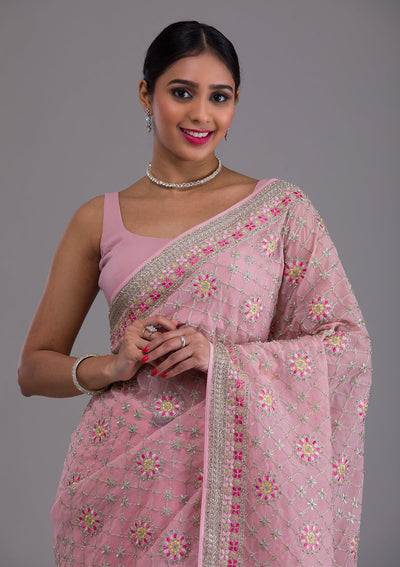 Pink Threadwork Georgette Saree-Koskii