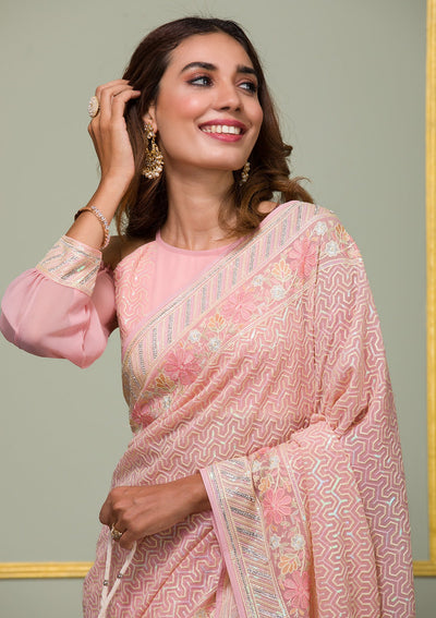 Pink Threadwork Georgette Saree-Koskii
