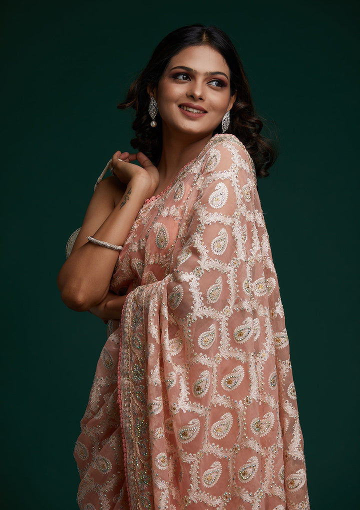 Pink Threadwork Net Saree - Koskii
