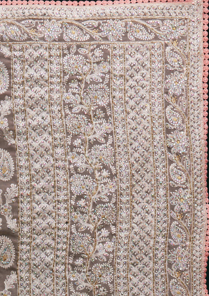 Pink Threadwork Net Saree - Koskii
