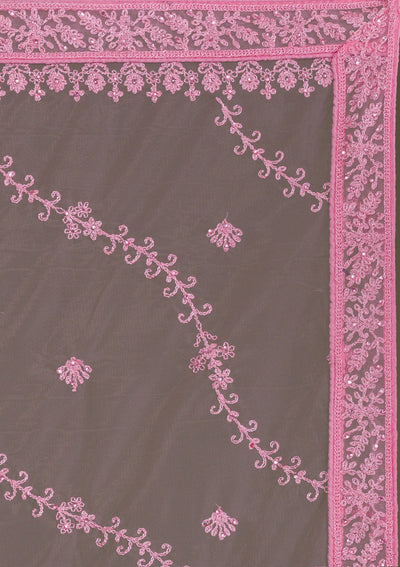 Pink Threadwork Net Semi Stitched Lehenga-Koskii
