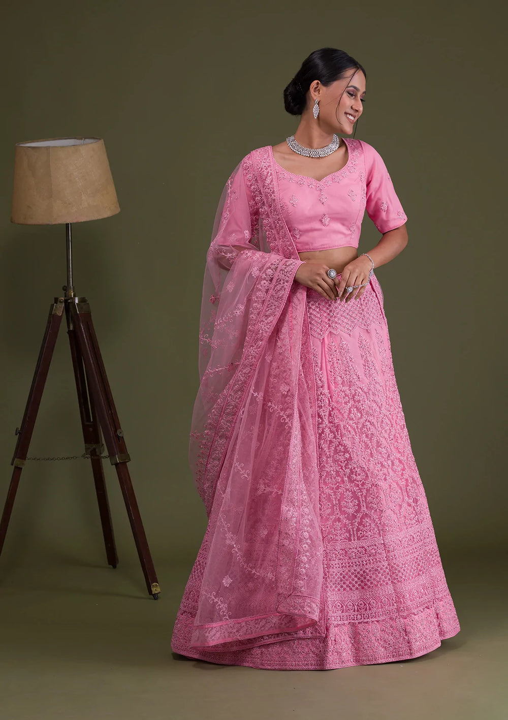 Pink Threadwork Net Semi Stitched Lehenga-Koskii