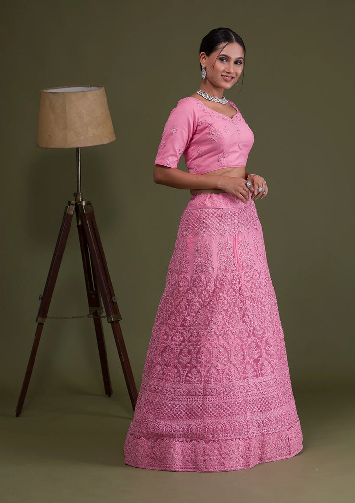 Pink Threadwork Net Semi Stitched Lehenga-Koskii