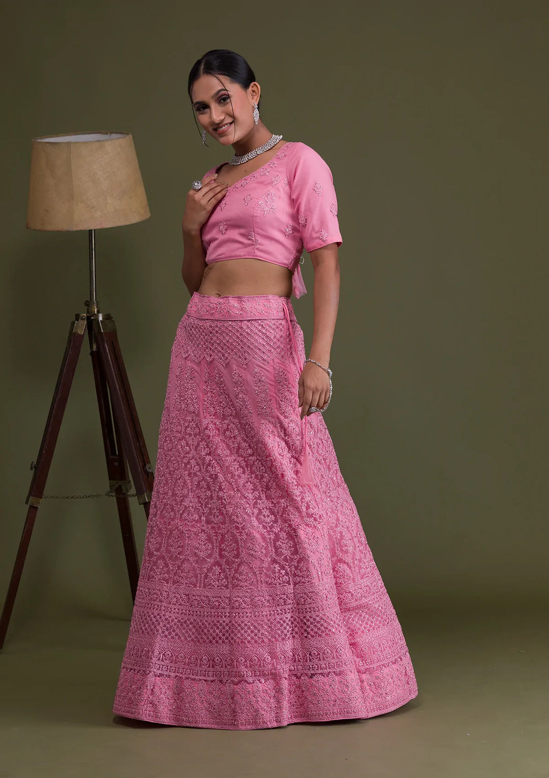Pink Threadwork Net Semi Stitched Lehenga-Koskii