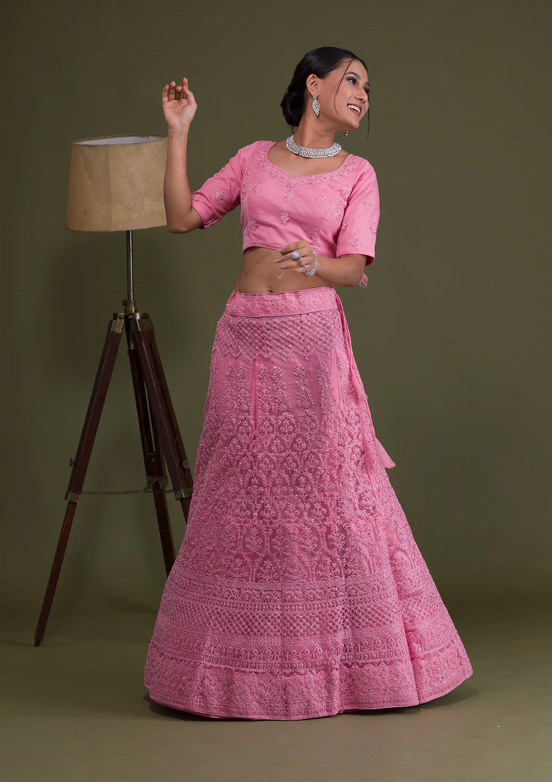Pink Threadwork Net Semi Stitched Lehenga-Koskii