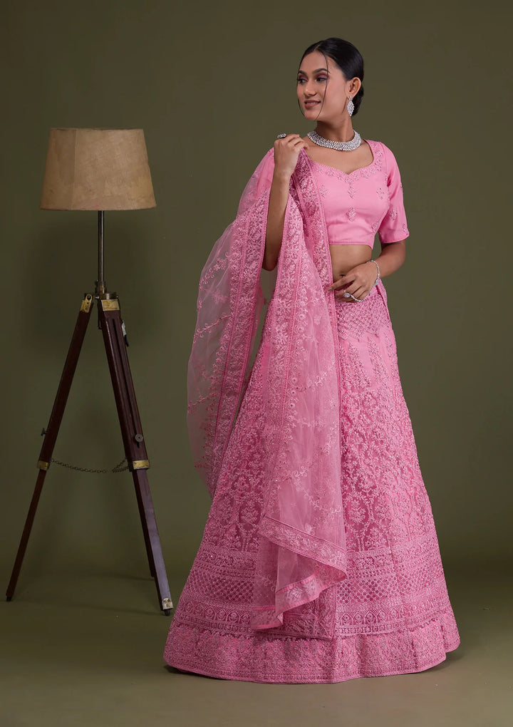 Pink Threadwork Net Semi Stitched Lehenga-Koskii