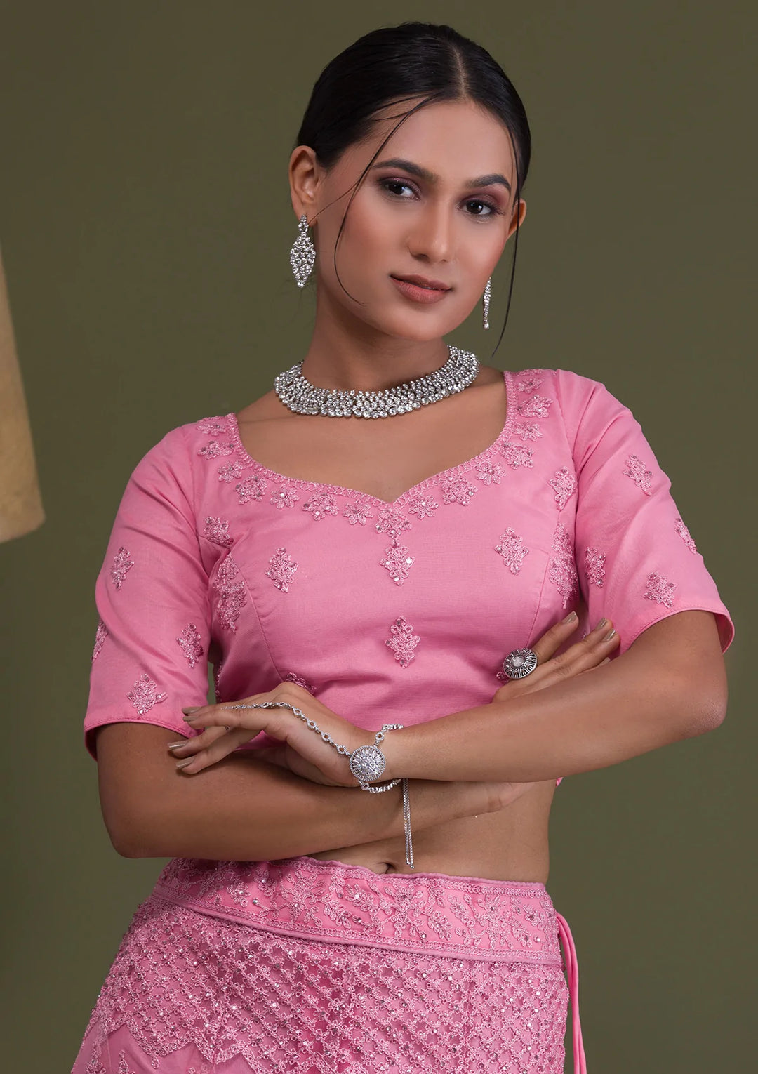 Pink Threadwork Net Semi Stitched Lehenga-Koskii