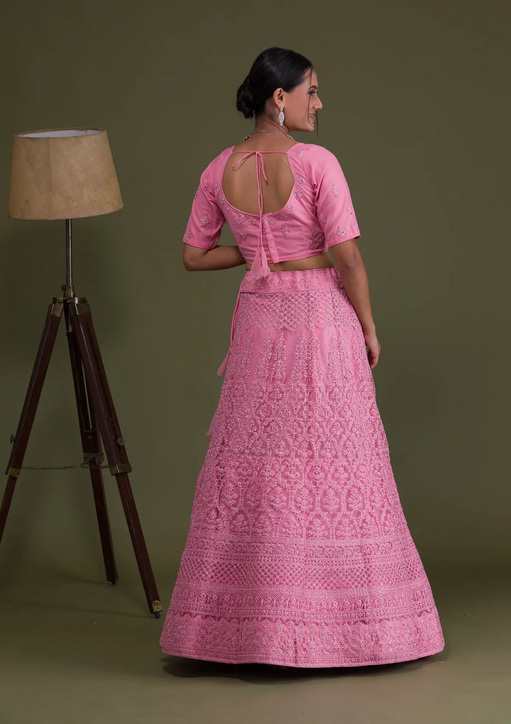 Pink Threadwork Net Semi Stitched Lehenga-Koskii