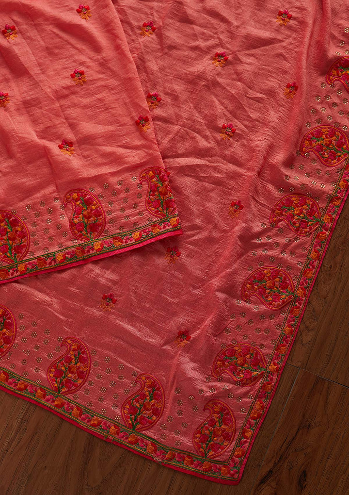Pink Threadwork Raw Silk Designer Saree - koskii