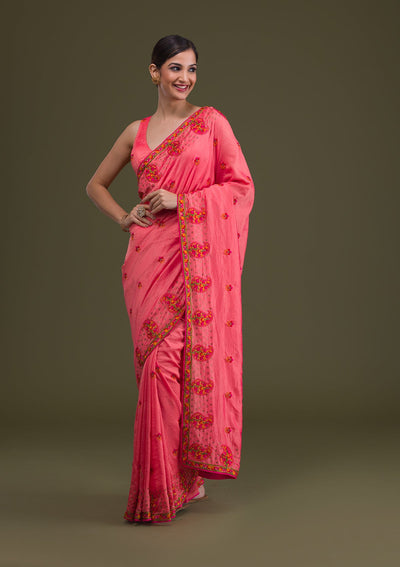 Pink Threadwork Raw Silk Saree-Koskii