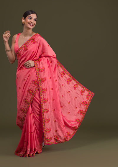 Pink Threadwork Raw Silk Saree-Koskii