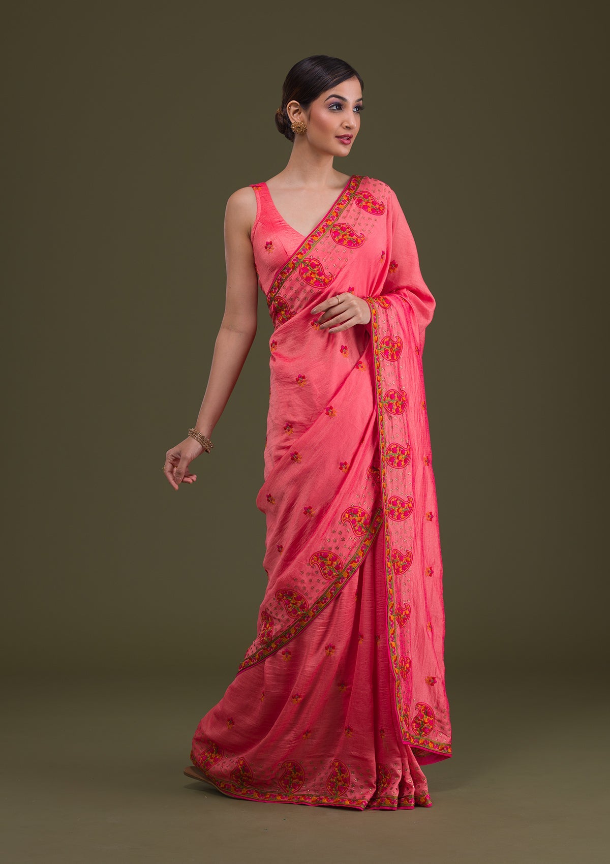 Pink Threadwork Raw Silk Saree-Koskii