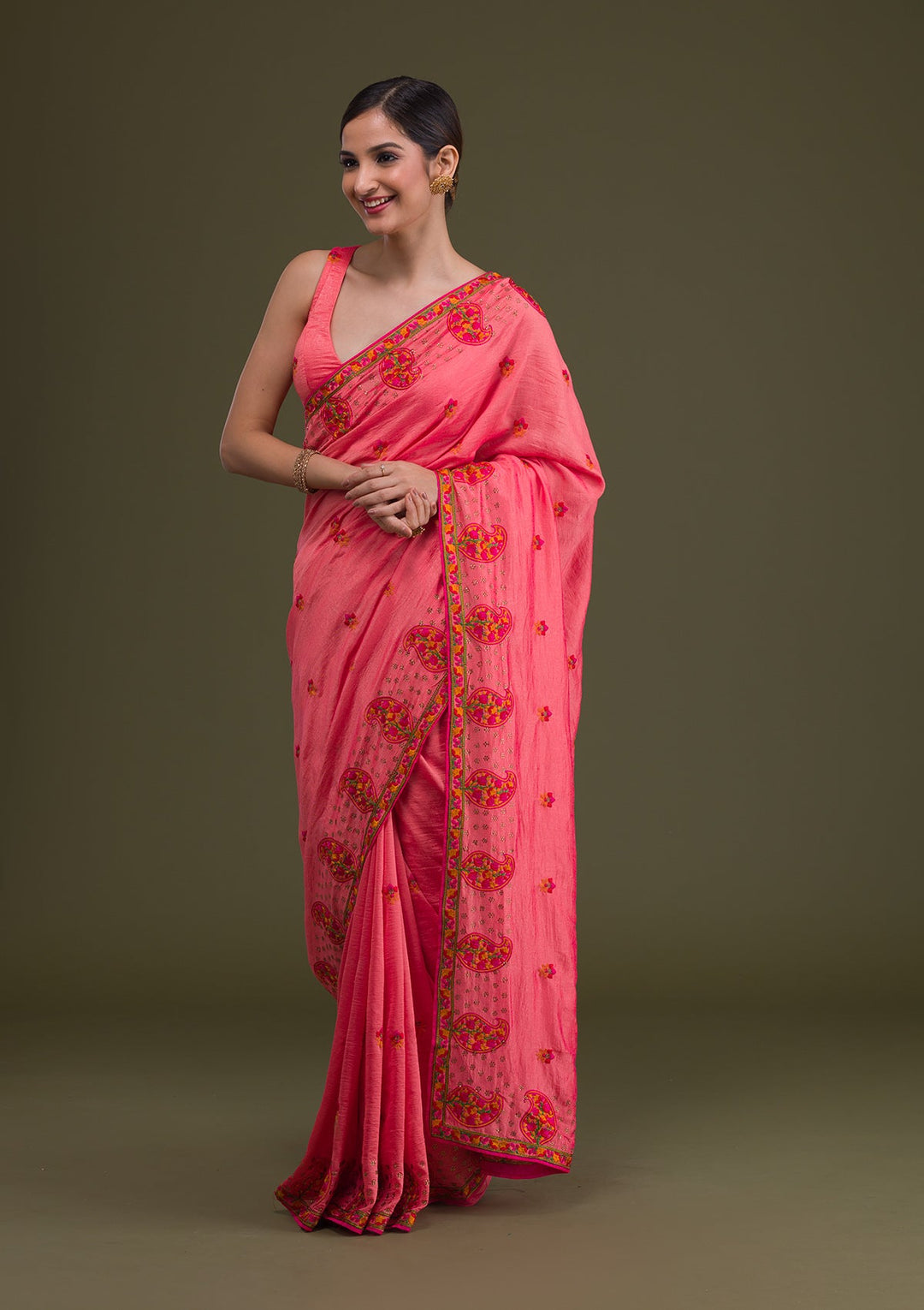 Pink Threadwork Raw Silk Saree-Koskii