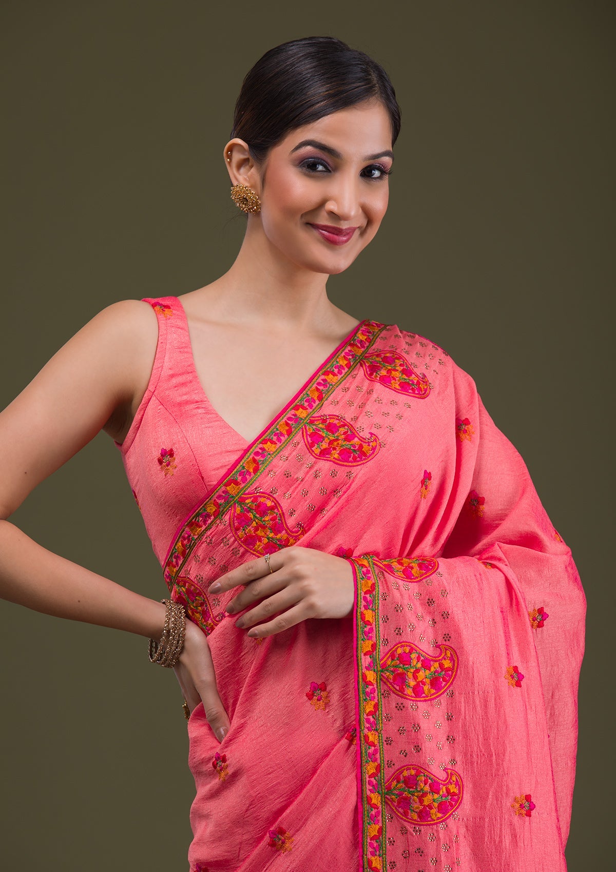 Pink Threadwork Raw Silk Saree-Koskii