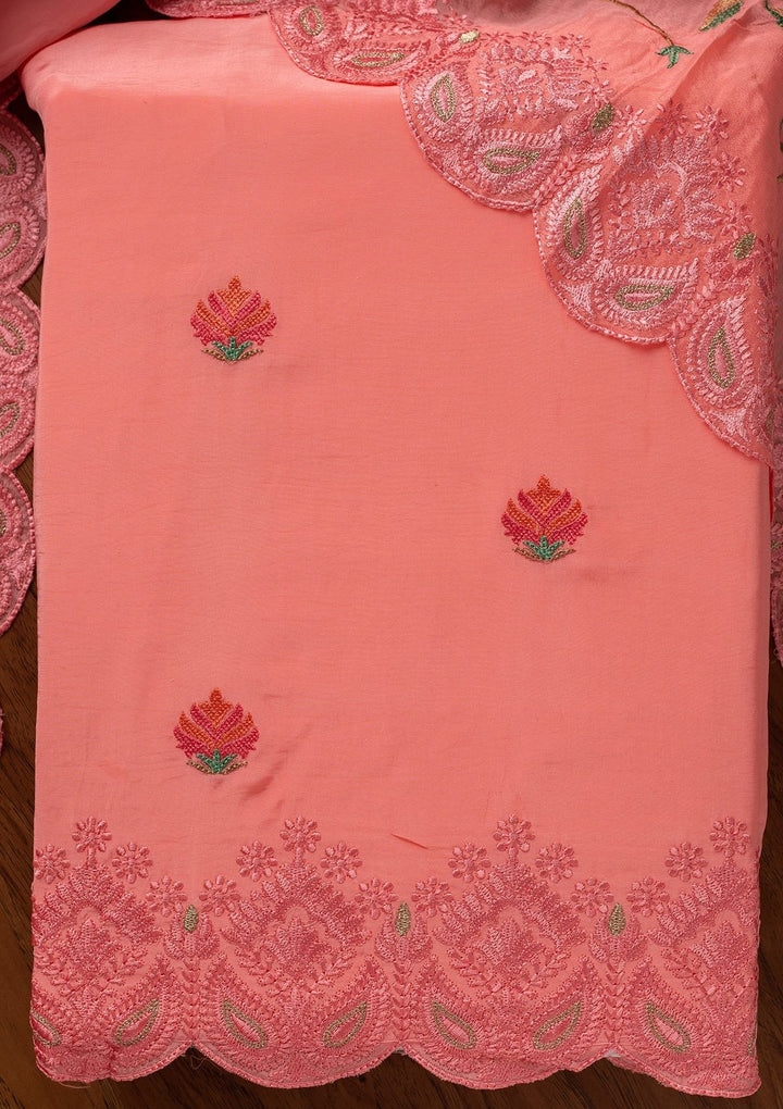 Pink Threadwork Semi Crepe Designer Unstitched Salwar Suit - koskii