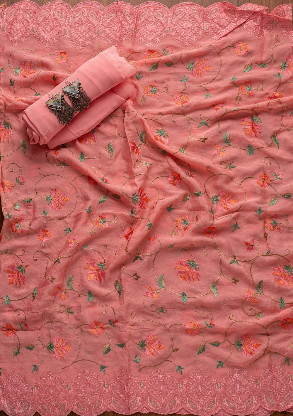 Pink Threadwork Semi Crepe Designer Unstitched Salwar Suit - koskii