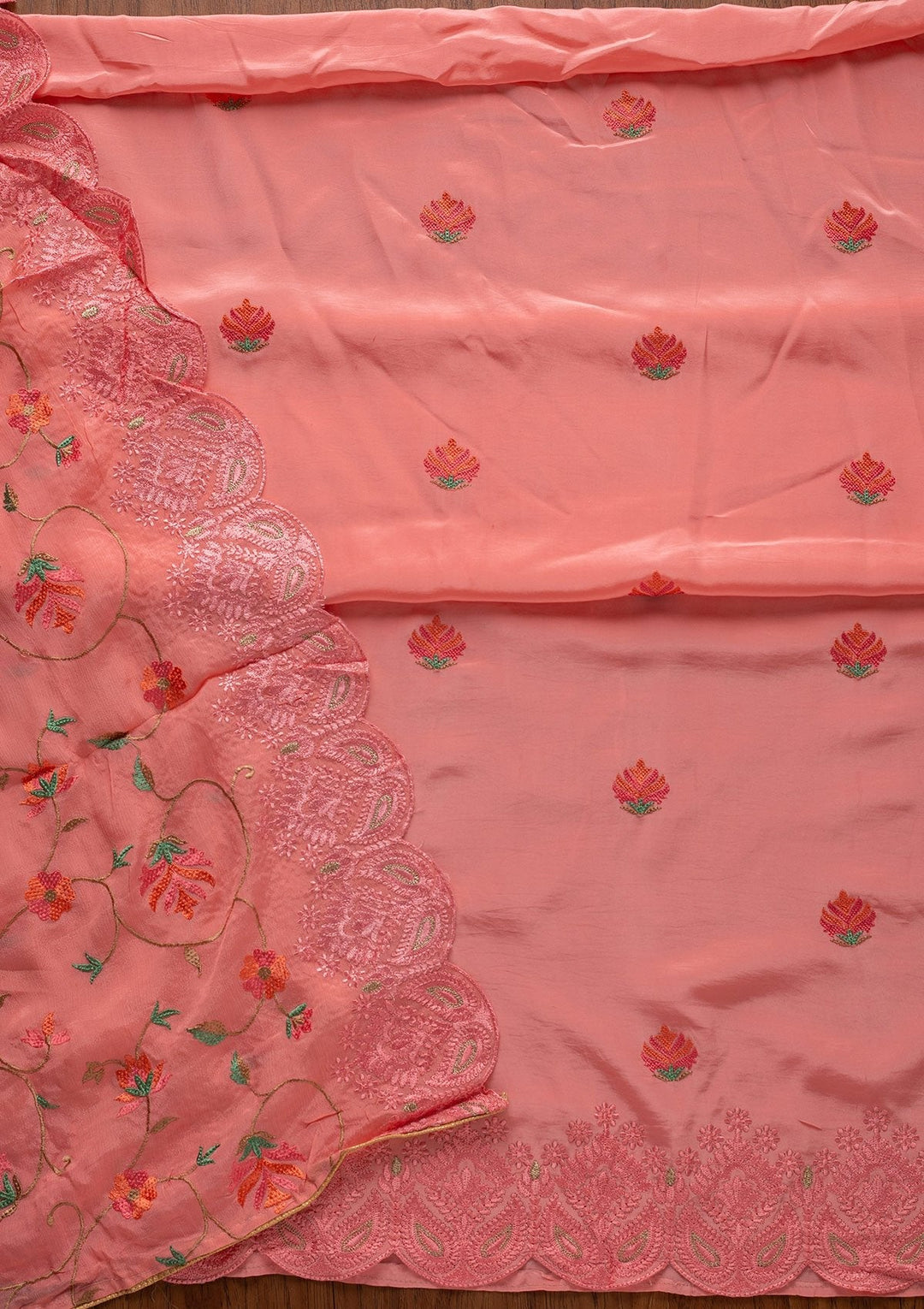 Pink Threadwork Semi Crepe Designer Unstitched Salwar Suit - koskii