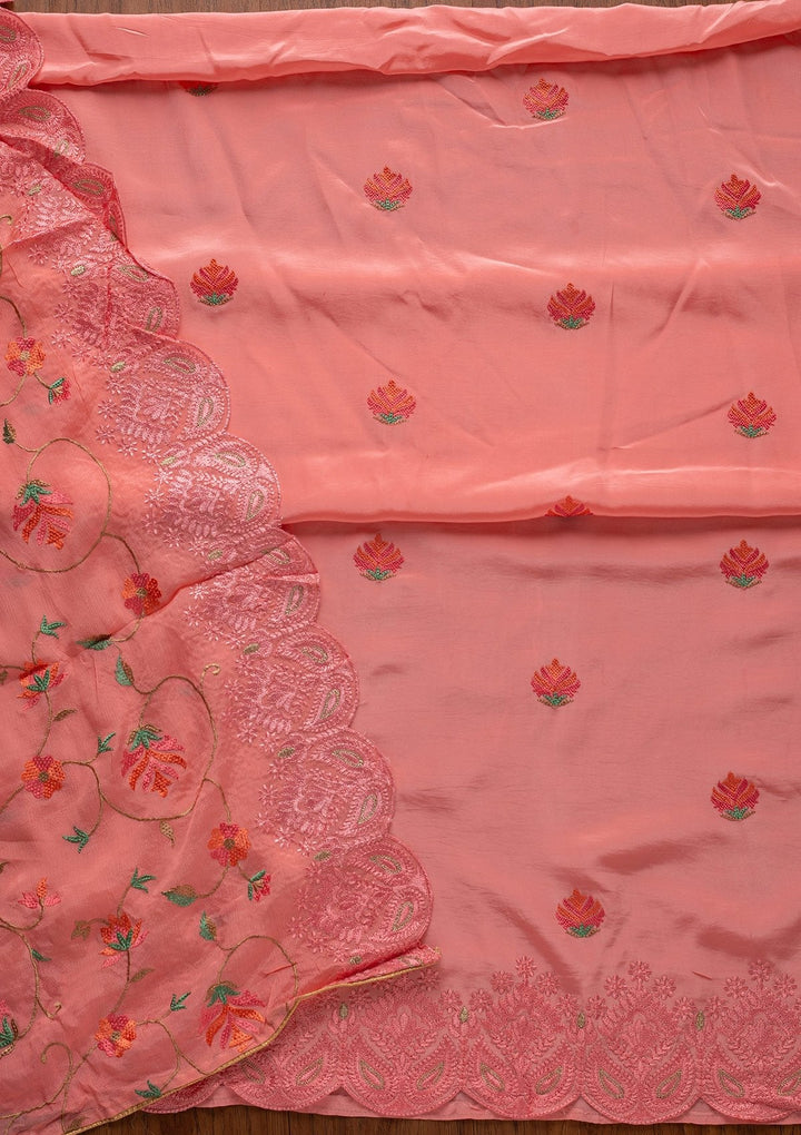 Pink Threadwork Semi Crepe Designer Unstitched Salwar Suit - koskii