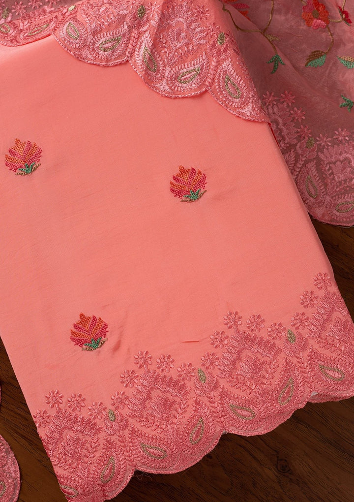 Pink Threadwork Semi Crepe Designer Unstitched Salwar Suit - koskii