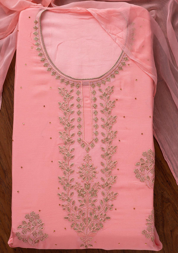 Pink Threadwork Semi Crepe Designer Unstitched Salwar Suit - koskii