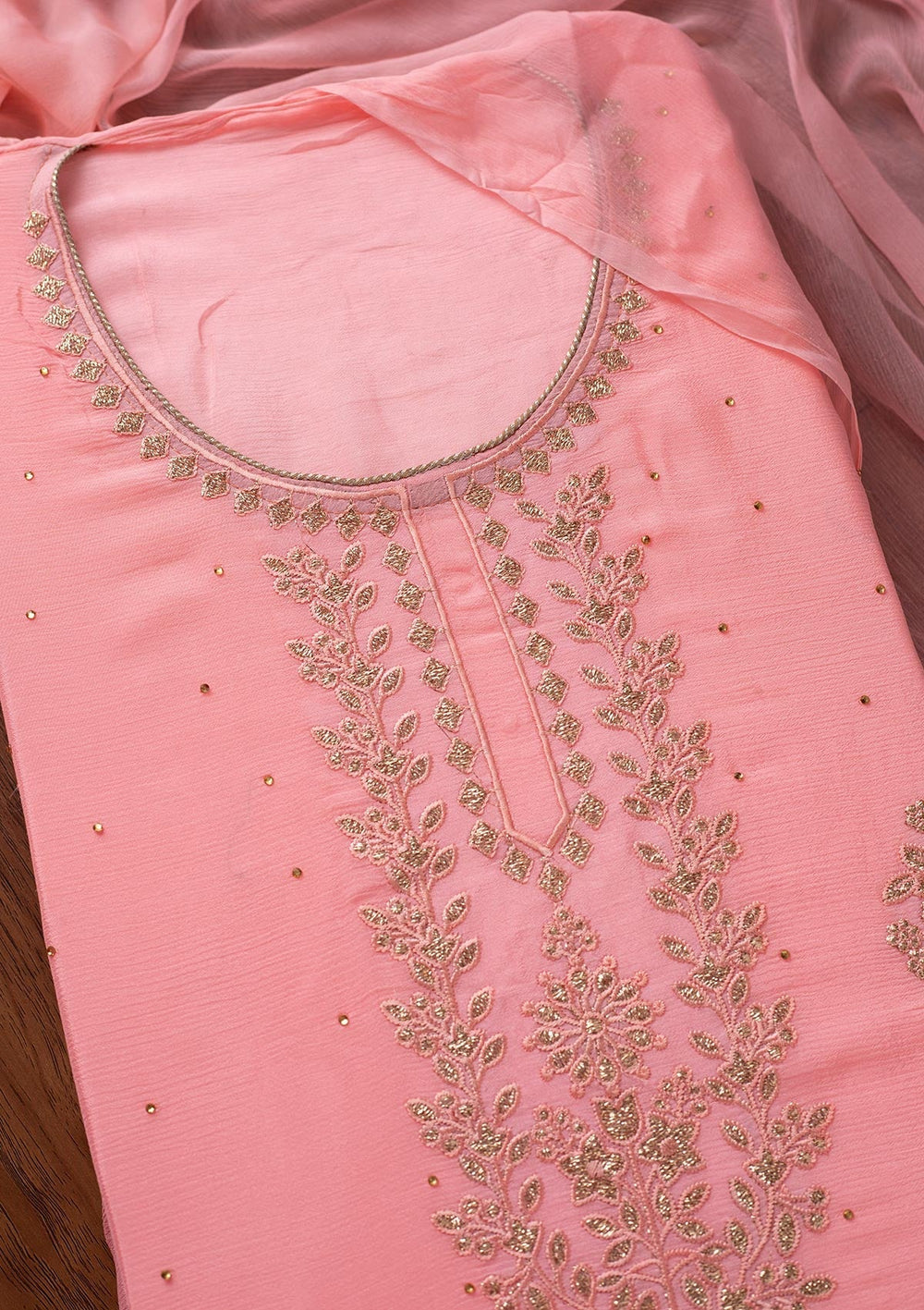 Pink Threadwork Semi Crepe Designer Unstitched Salwar Suit - koskii