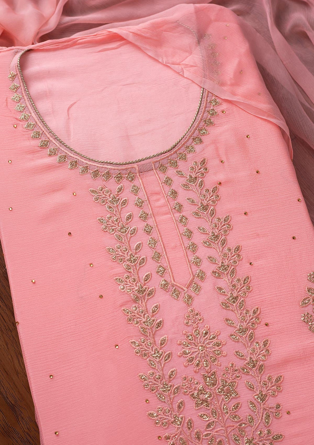 Pink Threadwork Semi Crepe Designer Unstitched Salwar Suit - koskii